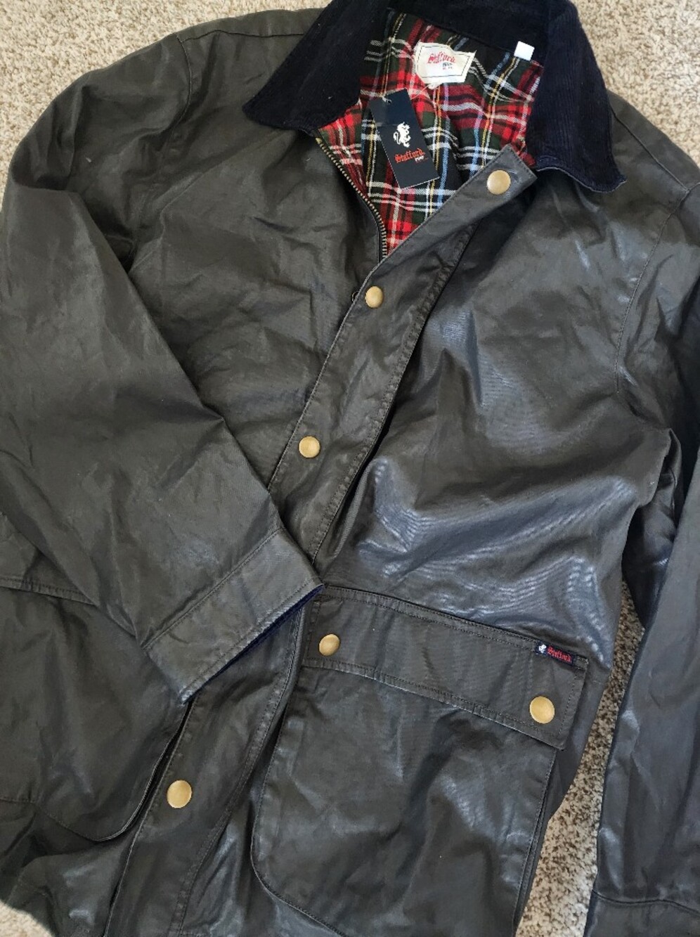 🌧Stafford Prep Men's Waxed Cotton Field Jacket Plaid Lined Corduroy Collar 2XL